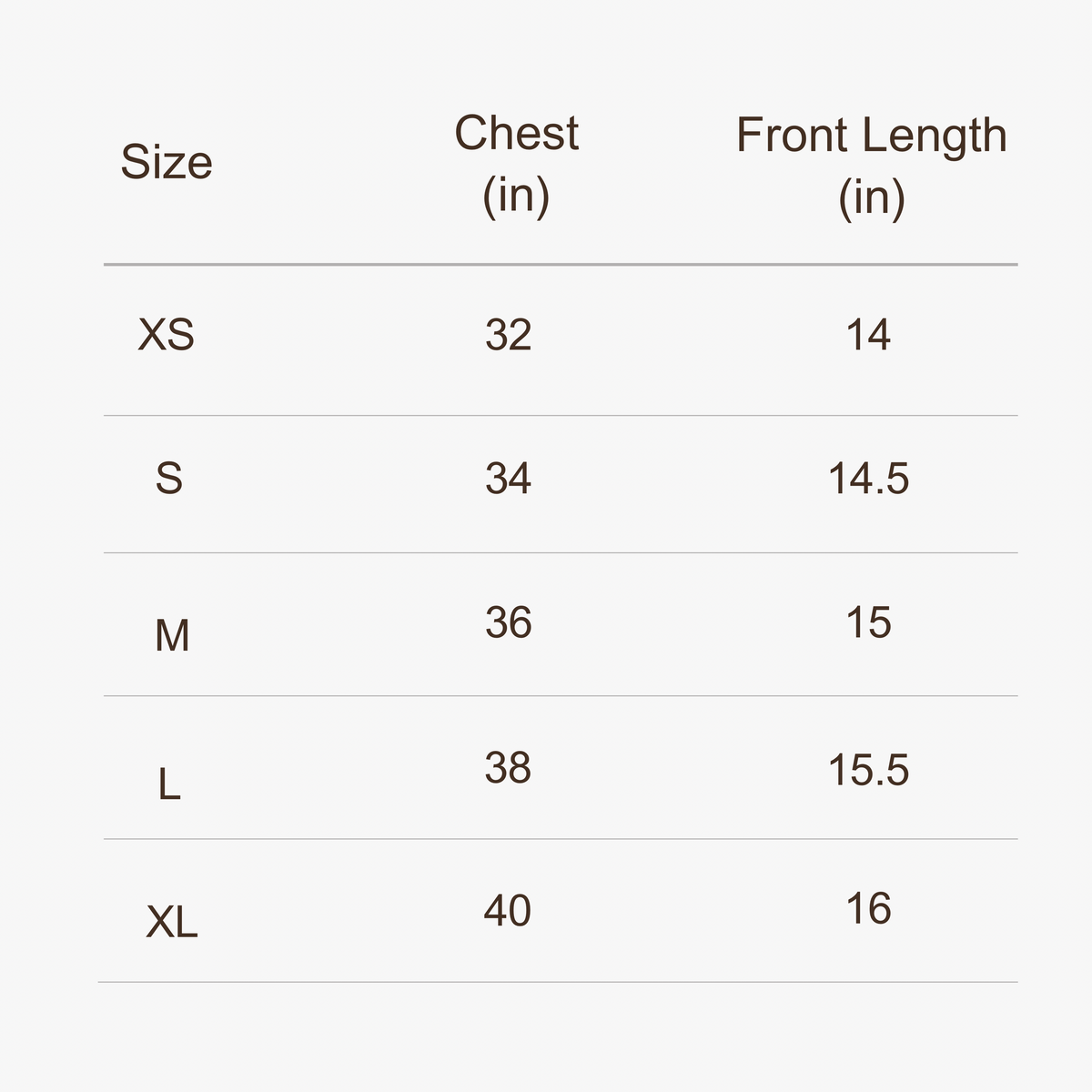 DFYN Tee size chart