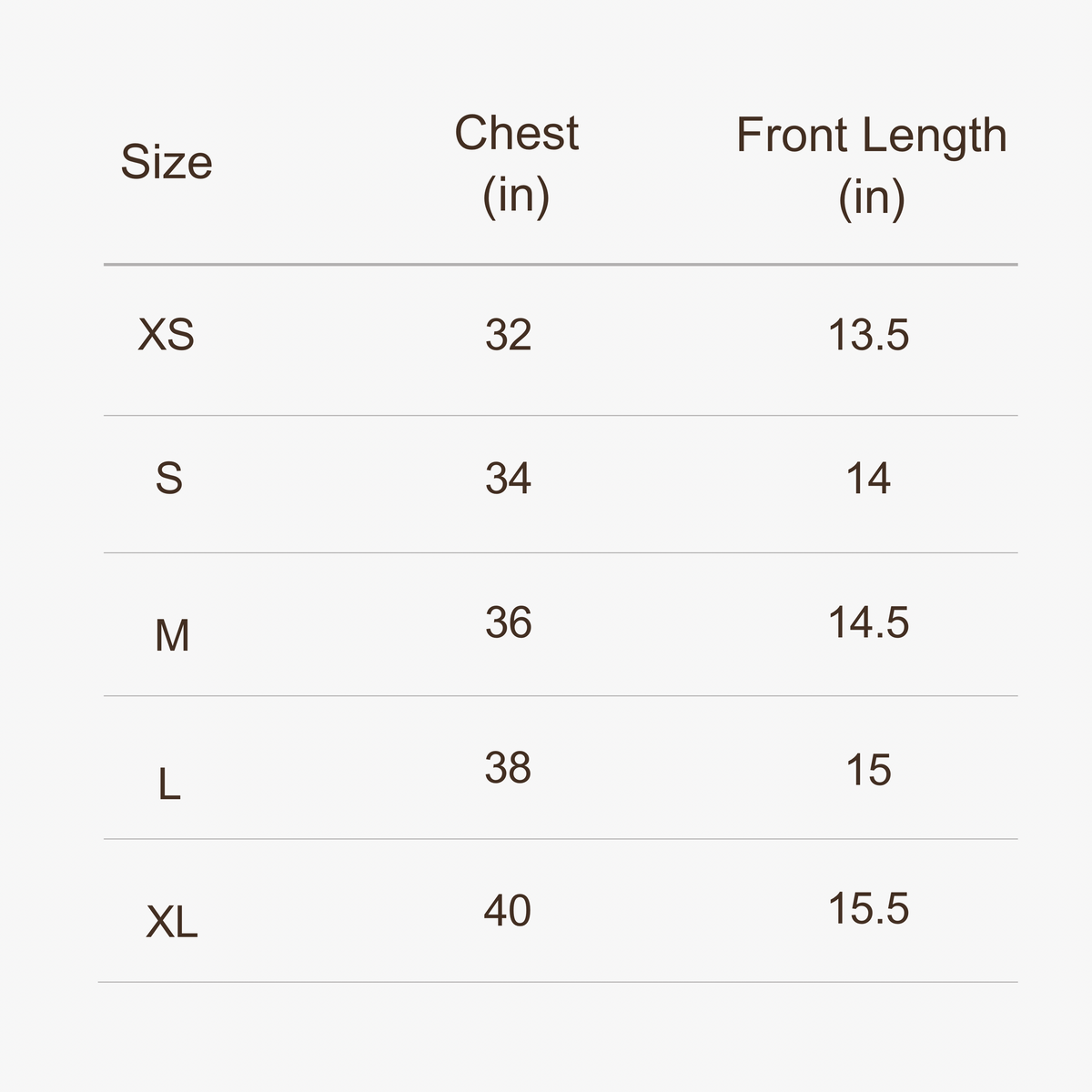 Free-motion Top (Onyx) size chart